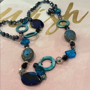 Elegant Blue AB Crystal Lead Glass and Black Stone Beaded Necklace